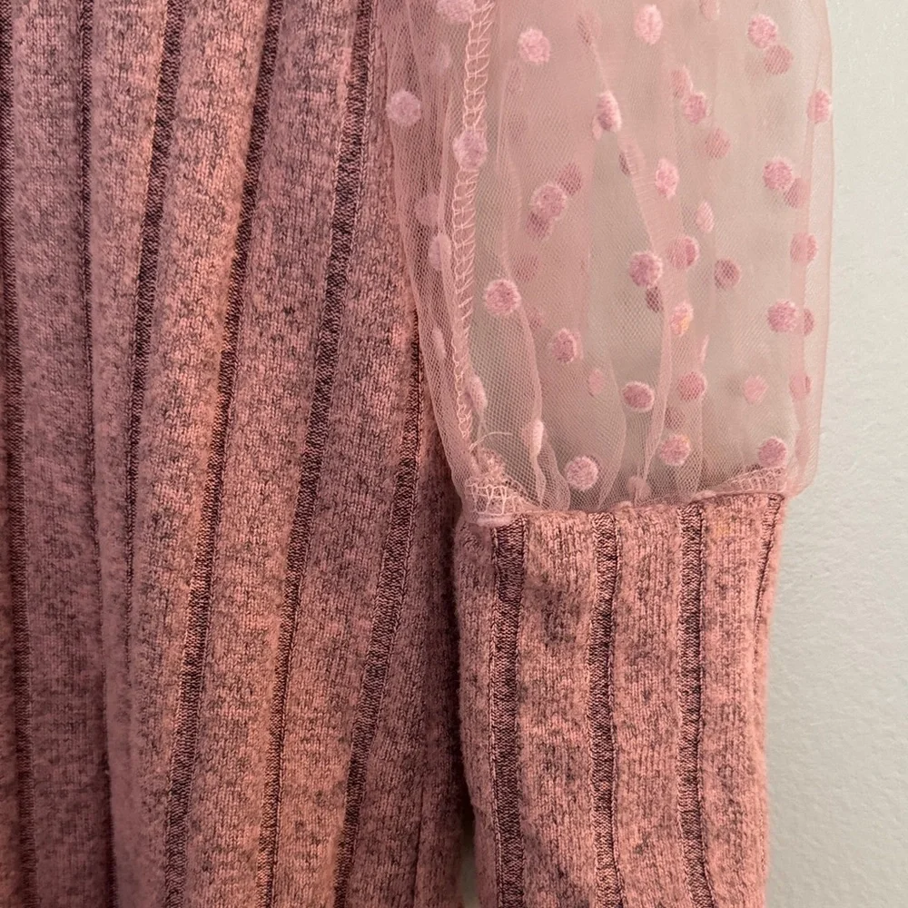 Pink Ribbed Top with Sheer Polka Dot Sleeves